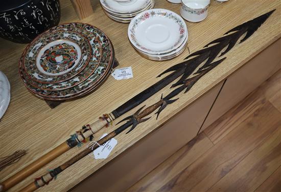 Two Amazonian tribal hardwood spears and a similar blow pipe